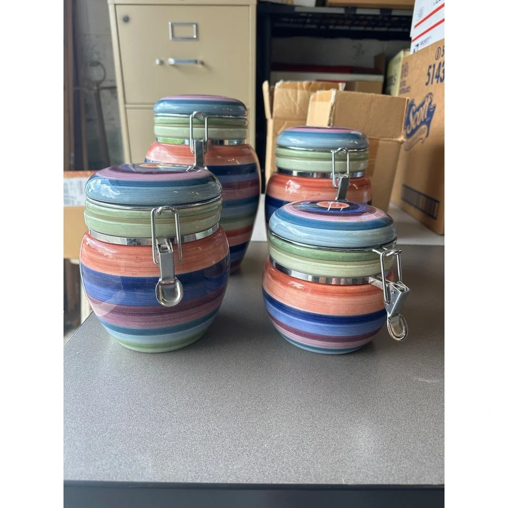 Set of 4 Ceramic Kitchen Canister Set Multi Color Striped Airtight Locking Lids
